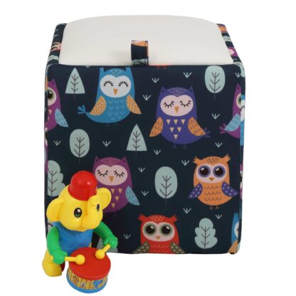 Taburet Box Print, corp tapitat Bufnite, capac imitatie piele alb, 41x37x37 cm - imagine 3