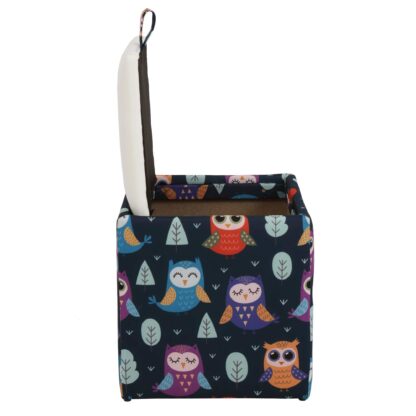 Taburet Box Print, corp tapitat Bufnite, capac imitatie piele alb, 41x37x37 cm - imagine 4