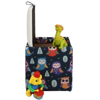 Taburet Box Print, corp tapitat Bufnite, capac imitatie piele alb, 41x37x37 cm - imagine 5