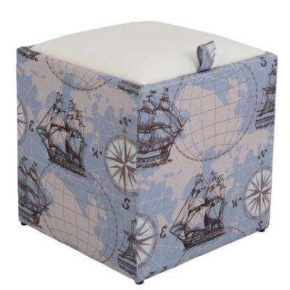 Taburet Box Print, corp tapitat Corabii fond bleu, capac imitatie piele alb, 41x37x37 cm