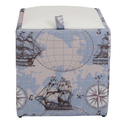 Taburet Box Print, corp tapitat Corabii fond bleu, capac imitatie piele alb, 41x37x37 cm - imagine 2