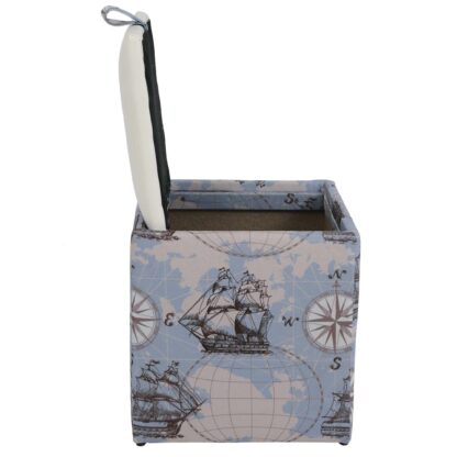 Taburet Box Print, corp tapitat Corabii fond bleu, capac imitatie piele alb, 41x37x37 cm - imagine 3