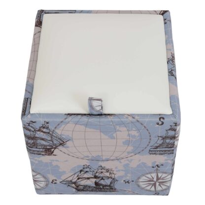 Taburet Box Print, corp tapitat Corabii fond bleu, capac imitatie piele alb, 41x37x37 cm - imagine 5