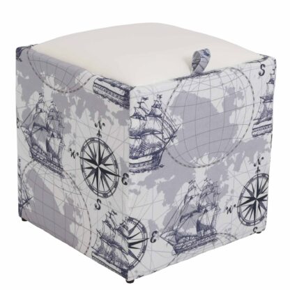 Taburet Box Print, corp tapitat Corabii fond gri, capac imitatie piele alb, 41x37x37 cm