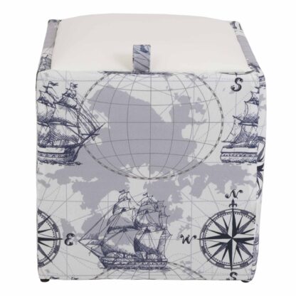 Taburet Box Print, corp tapitat Corabii fond gri, capac imitatie piele alb, 41x37x37 cm - imagine 2