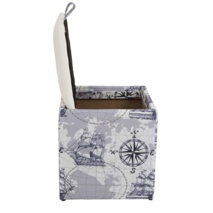 Taburet Box Print, corp tapitat Corabii fond gri, capac imitatie piele alb, 41x37x37 cm - imagine 4