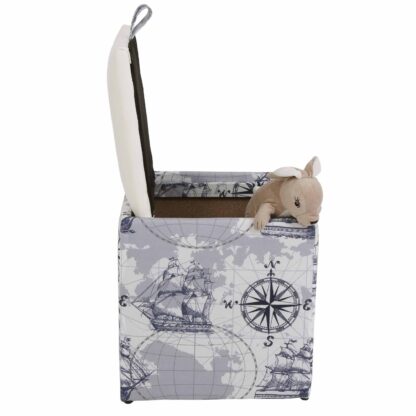 Taburet Box Print, corp tapitat Corabii fond gri, capac imitatie piele alb, 41x37x37 cm - imagine 5