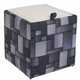Taburet Box Print, corp tapitat Patch denim dreptunghiuri, capac imitatie piele alb, 41x37x37 cm