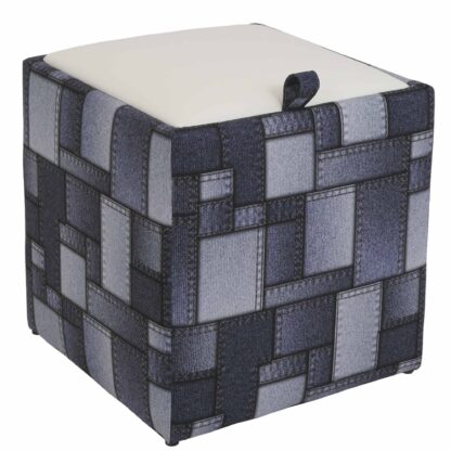Taburet Box Print, corp tapitat Patch denim dreptunghiuri, capac imitatie piele alb, 41x37x37 cm
