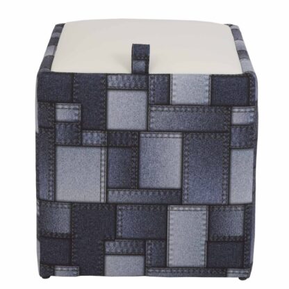 Taburet Box Print, corp tapitat Patch denim dreptunghiuri, capac imitatie piele alb, 41x37x37 cm - imagine 2