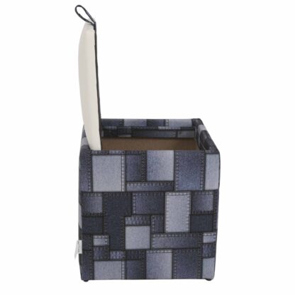 Taburet Box Print, corp tapitat Patch denim dreptunghiuri, capac imitatie piele alb, 41x37x37 cm - imagine 3