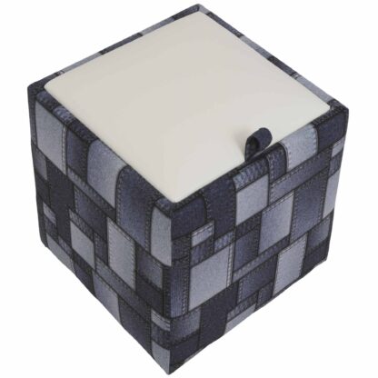 Taburet Box Print, corp tapitat Patch denim dreptunghiuri, capac imitatie piele alb, 41x37x37 cm - imagine 4