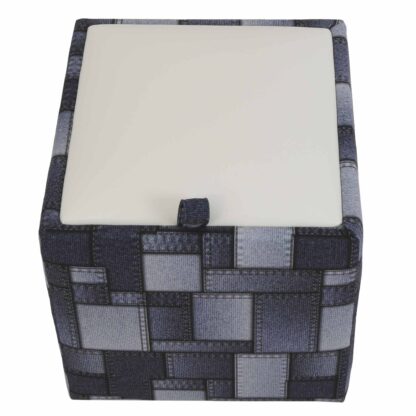 Taburet Box Print, corp tapitat Patch denim dreptunghiuri, capac imitatie piele alb, 41x37x37 cm - imagine 5