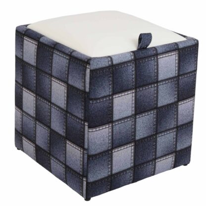 Taburet Box Print, corp tapitat Patch denim patrate, capac imitatie piele alb, 41x37x37 cm