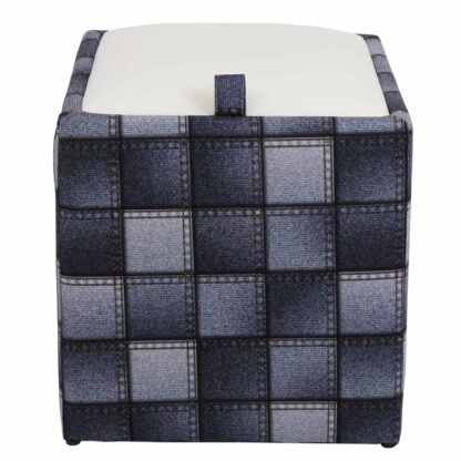 Taburet Box Print, corp tapitat Patch denim patrate, capac imitatie piele alb, 41x37x37 cm - imagine 2