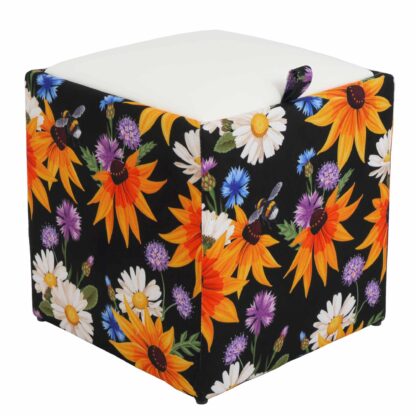 Taburet Box Print, corp tapitat Flori camp, capac imitatie piele alb, 41x37x37 cm