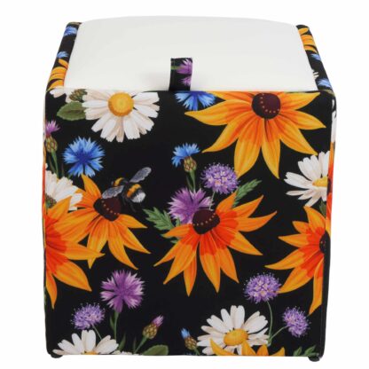 Taburet Box Print, corp tapitat Flori camp, capac imitatie piele alb, 41x37x37 cm - imagine 2