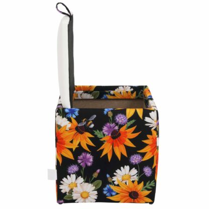 Taburet Box Print, corp tapitat Flori camp, capac imitatie piele alb, 41x37x37 cm - imagine 3