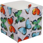 Taburet Box Print, corp tapitat Fluturi, capac imitatie piele alb, 41x37x37 cm