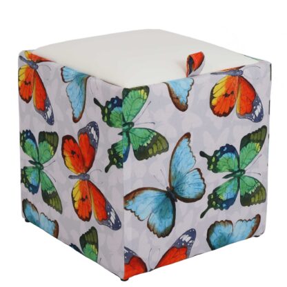 Taburet Box Print, corp tapitat Fluturi, capac imitatie piele alb, 41x37x37 cm