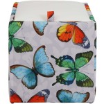 Taburet Box Print, corp tapitat Fluturi, capac imitatie piele alb, 41x37x37 cm - imagine 2