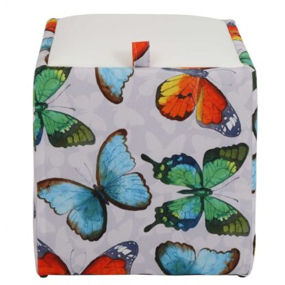 Taburet Box Print, corp tapitat Fluturi, capac imitatie piele alb, 41x37x37 cm - imagine 2