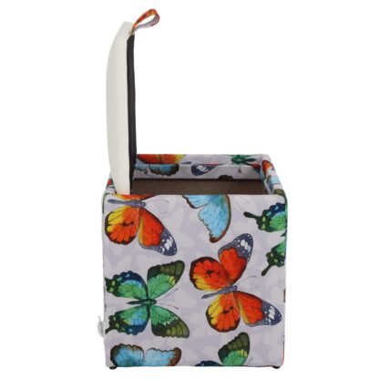 Taburet Box Print, corp tapitat Fluturi, capac imitatie piele alb, 41x37x37 cm - imagine 3