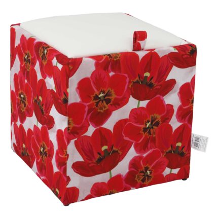 Taburet Box Print, corp tapitat Lalele, capac imitatie piele alb, 41x37x37 cm