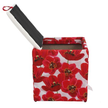 Taburet Box Print, corp tapitat Lalele, capac imitatie piele alb, 41x37x37 cm - imagine 3