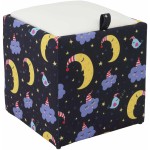 Taburet Box Print, corp tapitat Luna si nori, capac imitatie piele alb, 41x37x37 cm