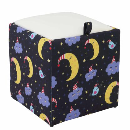 Taburet Box Print, corp tapitat Luna si nori, capac imitatie piele alb, 41x37x37 cm