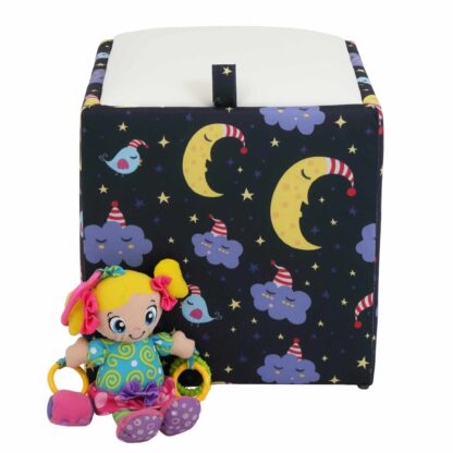 Taburet Box Print, corp tapitat Luna si nori, capac imitatie piele alb, 41x37x37 cm - imagine 3