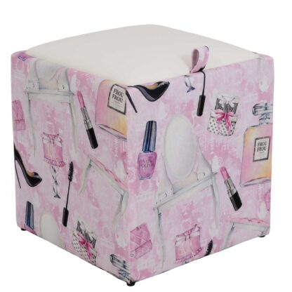 Taburet Box Print, corp tapitat Make-up, capac imitatie piele alb, 41x37x37 cm