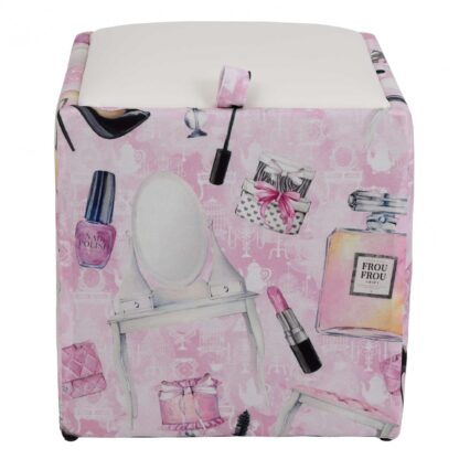 Taburet Box Print, corp tapitat Make-up, capac imitatie piele alb, 41x37x37 cm - imagine 2