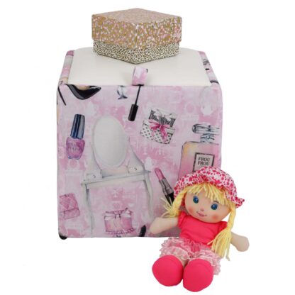 Taburet Box Print, corp tapitat Make-up, capac imitatie piele alb, 41x37x37 cm - imagine 3