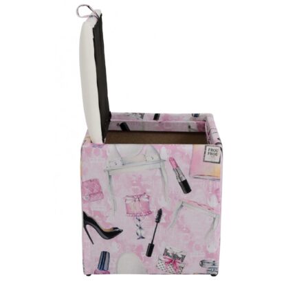Taburet Box Print, corp tapitat Make-up, capac imitatie piele alb, 41x37x37 cm - imagine 4