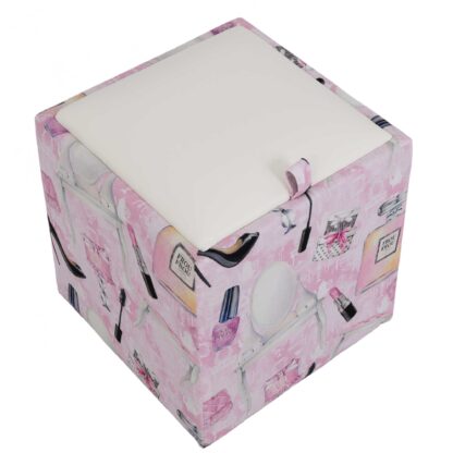 Taburet Box Print, corp tapitat Make-up, capac imitatie piele alb, 41x37x37 cm - imagine 5