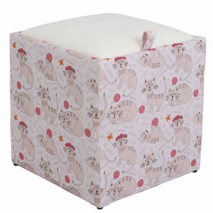 Taburet Box Print, corp tapitat Pisici roz, capac imitatie piele alb, 41x37x37 cm