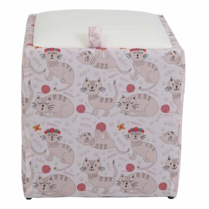 Taburet Box Print, corp tapitat Pisici roz, capac imitatie piele alb, 41x37x37 cm - imagine 2