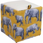 Taburet Box Print, corp tapitat Safari rinoceri, capac imitatie piele alb, 41x37x37 cm