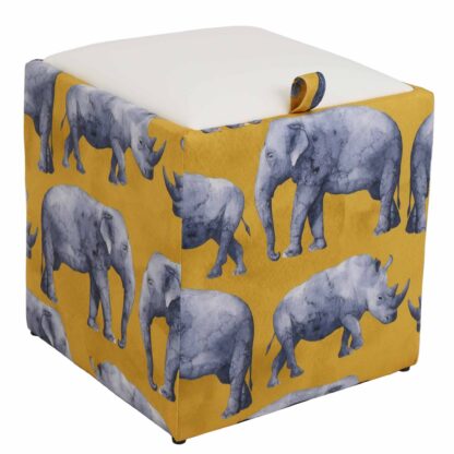 Taburet Box Print, corp tapitat Safari rinoceri, capac imitatie piele alb, 41x37x37 cm