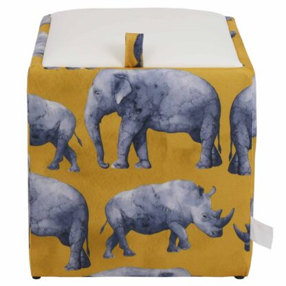 Taburet Box Print, corp tapitat Safari rinoceri, capac imitatie piele alb, 41x37x37 cm - imagine 2