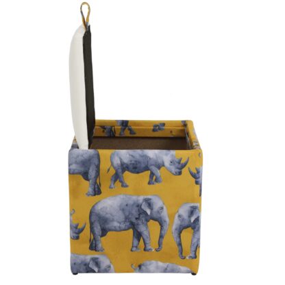 Taburet Box Print, corp tapitat Safari rinoceri, capac imitatie piele alb, 41x37x37 cm - imagine 3