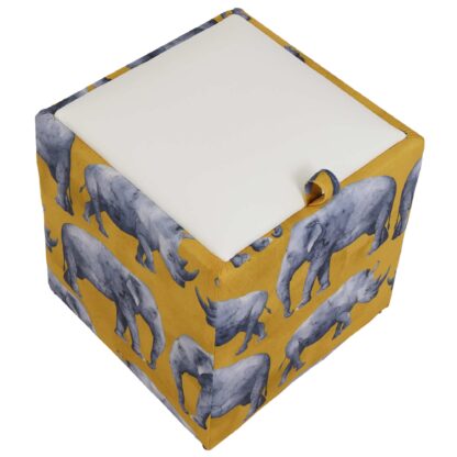 Taburet Box Print, corp tapitat Safari rinoceri, capac imitatie piele alb, 41x37x37 cm - imagine 4