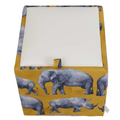 Taburet Box Print, corp tapitat Safari rinoceri, capac imitatie piele alb, 41x37x37 cm - imagine 5