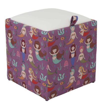 Taburet Box Print, corp tapitat Sirene, capac imitatie piele alb, 41x37x37 cm