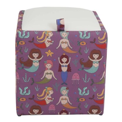 Taburet Box Print, corp tapitat Sirene, capac imitatie piele alb, 41x37x37 cm - imagine 2
