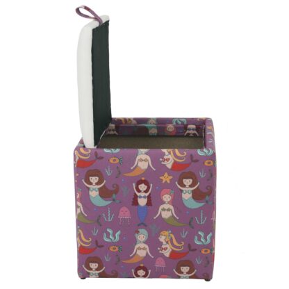 Taburet Box Print, corp tapitat Sirene, capac imitatie piele alb, 41x37x37 cm - imagine 3