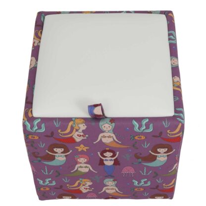 Taburet Box Print, corp tapitat Sirene, capac imitatie piele alb, 41x37x37 cm - imagine 5