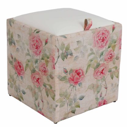 Taburet Box Print, corp tapitat Trandafiri vintage, capac imitatie piele alb, 41x37x37 cm